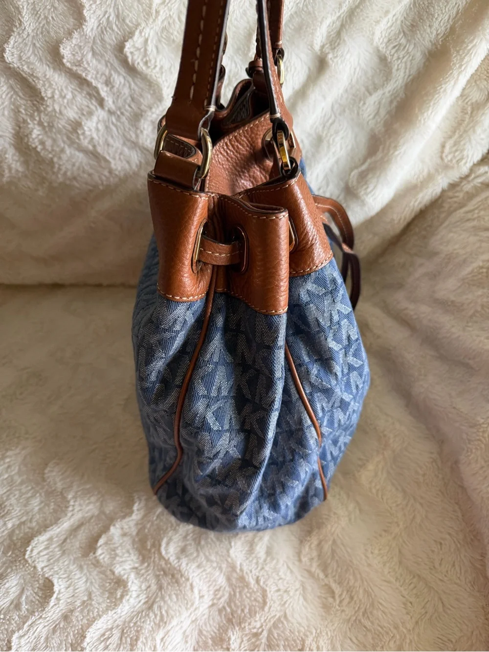 Like New! Michael Kors Denim MK Logo Shoulder Bag with Brown Leather Trim